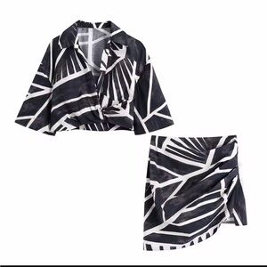 Black & White Two Piece Set Cropped Shirt & Pleated Mini Skirt